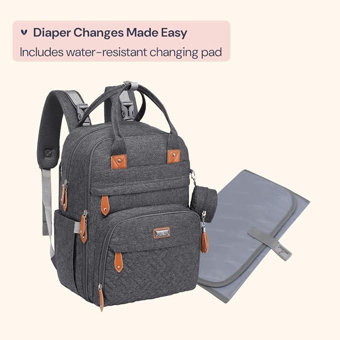 BabbleRoo Diaper Bag Backpack - Baby Essentials Travel Tote - Multi Function Waterproof Diaper Bag, Travel Essentials Baby Bag with Changing Pad, Stroller Straps & Pacifier Case - Unisex, Dark Gray-CubbioJoy