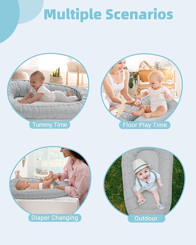 Baby Lounger for Newborn 0-24 Months, Breathable & Soft Infant Lounger, Adjustable Tummy Time Lounger for Home and Travel, Baby Girls & Boys Newborn Babies Essentials Stuff, Grey-CubbioJoy