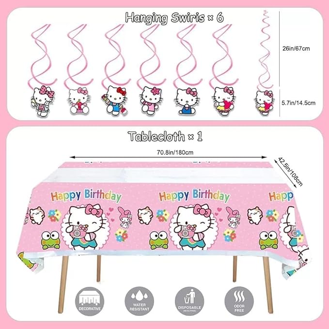49Pcs - Kitty Birthday Party Decorations Set, Pink Theme with Banner, Balloons, Tablecloth, Cake Toppers.-CubbioJoy