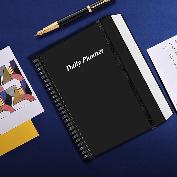 Daily Planner Undated - A4 To Do List Notebook Hourly Schedules, Spiral Appointment Planner for Women and Men,PVC Hardcover, Inner Pocket, Elastic Closure, 8.5" x 11", Black-CubbioJoy