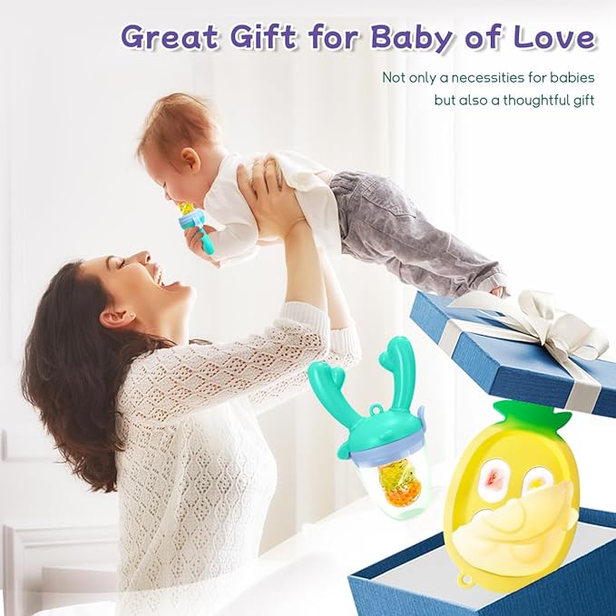 Baby Fruit Food Feeder - Silicone Nibble Tray Combo - Breastmilk Popsicle Mold for Cooling Relief, BPA Free Mesh Feeder for Infant Self Feeding (Antler Blue + Pineapple)-CubbioJoy