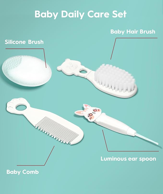 Baby Healthcare and Grooming Kit, Safety Newborn Nursery Baby Care Kit, with Hair Brush Comb, Nail Clipper, Thermometer, Pacifier Clip, Baby Registry Search, Baby Girl Boy Newborn Essentials-CubbioJoy