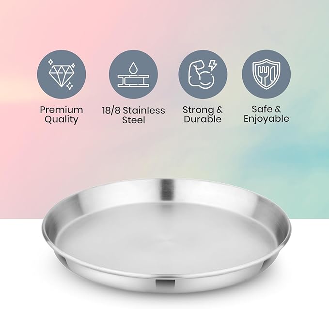 Children's 304 Stainless Steel Four (4) Piece Plate Set, 21 cm, Matte Finish, Plates for Kids, Toxin Free Stainless Steel Dinnerware Set, Non-Divided Plates, 100% BPA Free-CubbioJoy