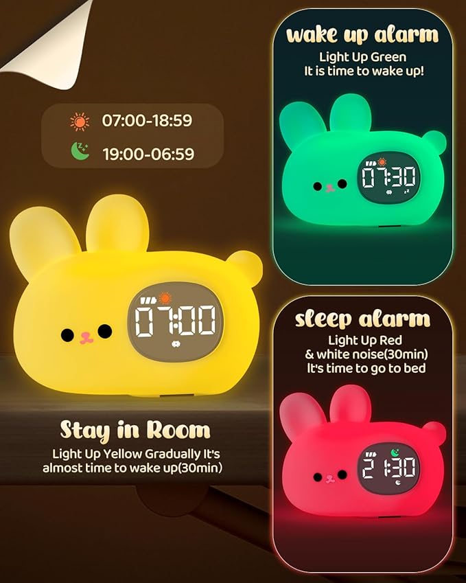Bunny Alarm Clock for Kids with Night Light, Sleep Training Clock Time to Wake Clock, Rechargeable Silicone Light for Bedroom, Perfect Sleep Companion for Boys Girls-CubbioJoy