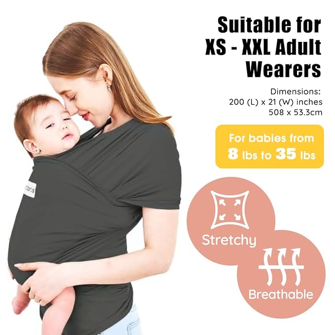 Acrabros Baby Wrap Carrier,Hands Free Baby Carrier Sling,Lightweight,Breathable,Softness,Perfect for Newborn Infants and Babies Shower Gift,Dark Grey-CubbioJoy