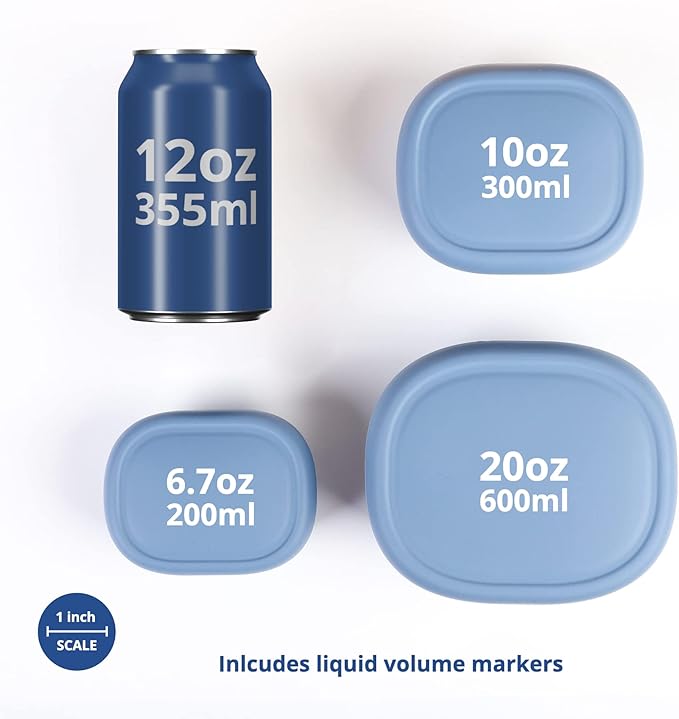 BLUE GINKGO Nesting Silicone Containers - Set of 3 Hard-Shell Silicone Food Storage Containers | BPA Free, Airtight, Dishwasher and Freezer Safe (6.7oz, 10oz, 20oz) - Blue-CubbioJoy
