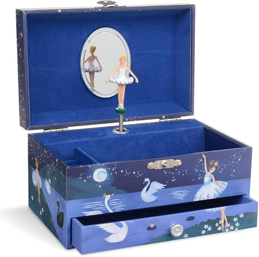 Jewelkeeper Girl's Ballerina Musical Jewelry Storage Box with Pullout Drawer, Glitter Design, Swan Lake Tune Blue-CubbioJoy