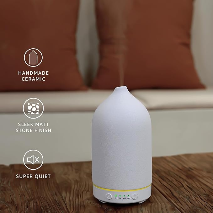 200ML Ceramic Essential Oil Diffuser - Ultrasonic Aromatherapy & Humidifier with 7-Color LED Lights, Auto Shut-Off, White, 1H/3H/6H Timer | Scent for Home,Office,Yoga-CubbioJoy
