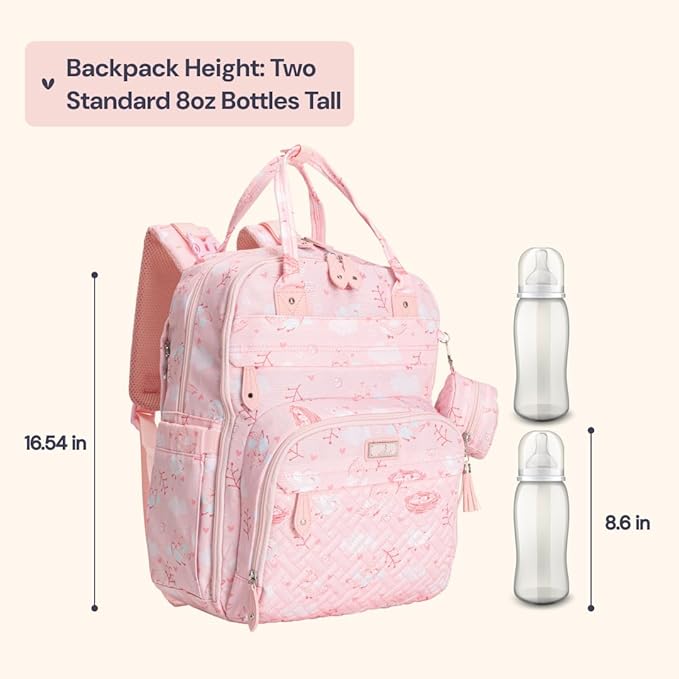 BabbleRoo Diaper Bag Backpack - Baby Essentials, Travel Essentials Baby Bag with Changing Pad, Stroller Straps & Pacifier Case - Unisex, Pink Birdy-CubbioJoy