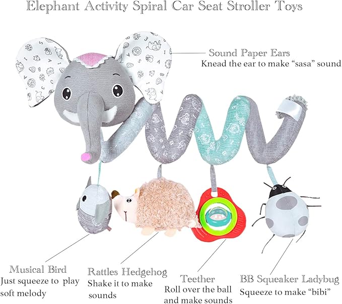 Car Seat Toys, Baby Activity Spiral Hanging Toys for Stroller Car Seat Crib Bar Bassinet Mobile, Musical Elephant Toys for Newborn Infant Boys Girls 0 3 6 12 Months-CubbioJoy