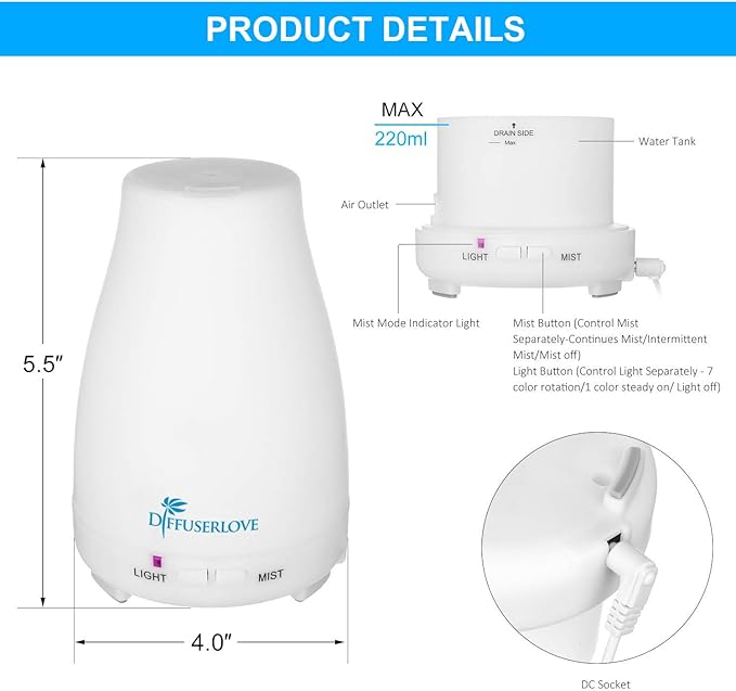Diffuserlove 2 Pack 200ml Essential Oil Diffuser Ultrasonic Aromatherapy Diffuser with Waterless Auto Shut-Off Aroma Cool Mist Humidifiers with 6 Bottles of Natural Essential Oils /7 Color LED Lights-CubbioJoy