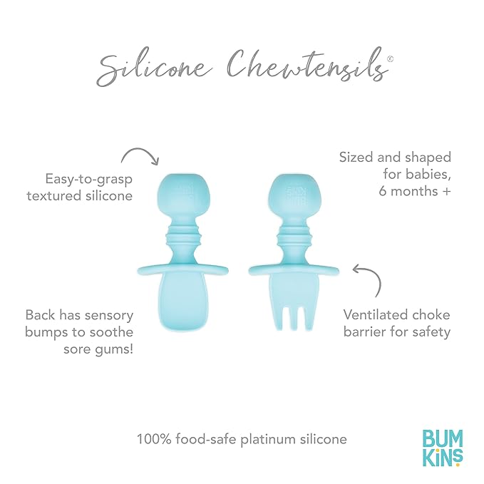Bumkins Baby Utensils Set, Chewtensils Silicone Spoons for Dipping, Self-Feeding, Baby Led Weaning, Trainer Learning First Stage Eating, Soft Practice Fork and Spoon, Babies 6 Months, Blue-CubbioJoy