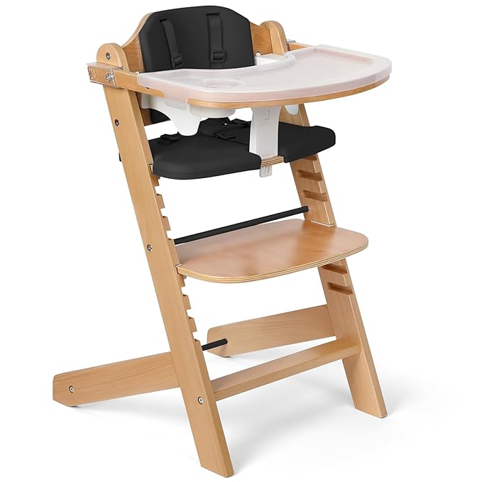 Cowiewie Natural Wooden High Chair for Babies & Toddlers 3-Tier Remove & 2 Adjustable Tray, 8 Adjustable Highchair with Cushions, Easy to Clean (Black)-CubbioJoy