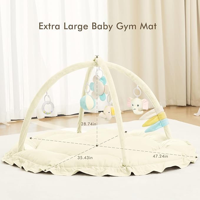 ANGELBLISS 5 in 1 Baby Play Gym Mat, Reversible Tummy Time Mat with 5 Sensory Toys for Stage-Based Developmental, Thick & Large Baby Activity Center from Newborn to Toddler (Beige)-CubbioJoy