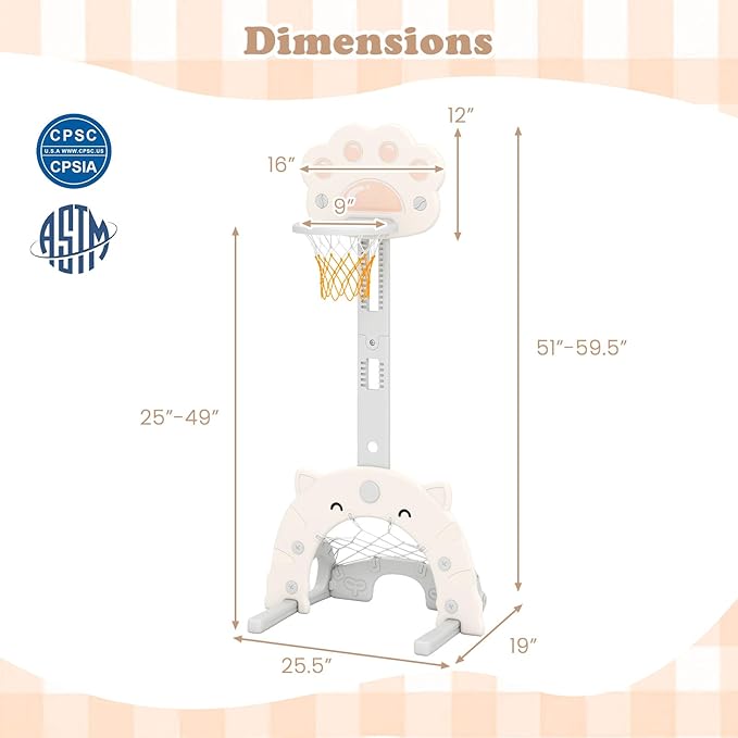 Costzon 3 in 1 Toddler Basketball Hoop, Height Adjustable Kids Sports Center w/Foldable Basketball, Soccer & Golf Game, Indoor Outdoor Activity Playset w/Foldable Rim, Gift for Children Baby Infant-CubbioJoy