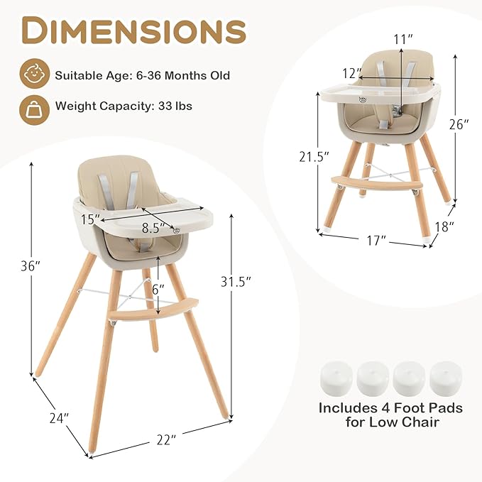 BABY JOY Convertible Baby High Chair, 3 in 1 Wooden Highchair/Booster/Chair with Removable Tray, Adjustable Legs, 5-Point Harness, PU Cushion and Footrest for Baby, Infants, Toddlers (Beige)-CubbioJoy