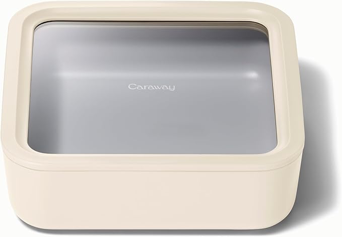 Caraway Glass Food Storage, 10 Cup Glass Container,Ceramic Coated Food Container,Easy to Store, Non Toxic, Non Stick Lunch Box Container with Glass Lids. Dishwasher, Oven,Square Shape,Cream-CubbioJoy