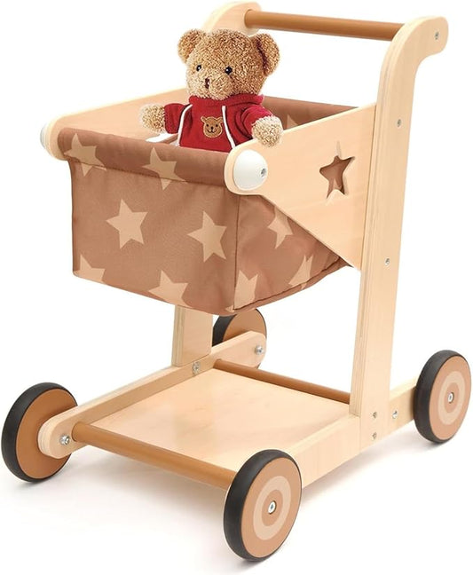 Asweets 2 in 1 Wooden Baby Walker Push and Pull Doll Stroller, Shopping Cart Learning Walker for Boys and Girls, Sit Stand Learning Toddler Toy (Brown)-CubbioJoy