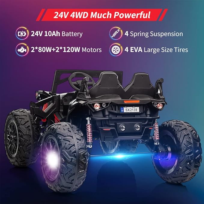 2 Seaters 24V Ride on UTV with Remote Control,10AH Battery, 400W Powerful Motors with 17" EVA Wheels, 20.5“ Seat Width Electric Ride Toy with Metal Suspension,LED Lights,Music,Horn (Black)-CubbioJoy