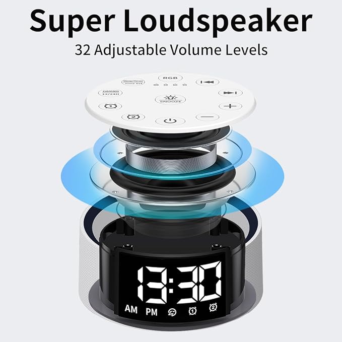 Brown Noise Machine Alarm Clock Sound White Noise Machine Night Light with 30 Sleeping Sounds for Baby Kids Adults 2 Alarms Backup Battery 32 Level Volume 15 Wake up Sounds for Mild Heavy Sleeper-CubbioJoy