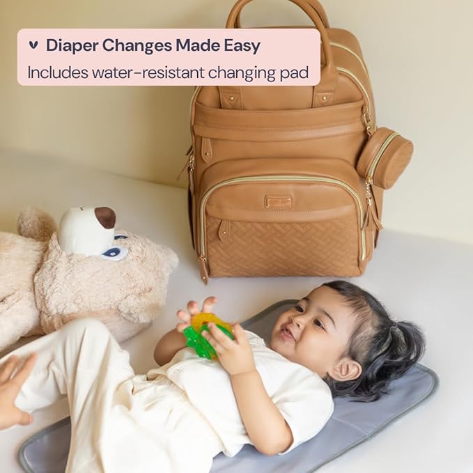 BabbleRoo Leather Diaper Bag Backpack - Baby Essentials Travel Baby Bag, Multi function, Waterproof, with Changing Pad, Stroller Straps & Pacifier Case – Unisex, Light Brown-CubbioJoy