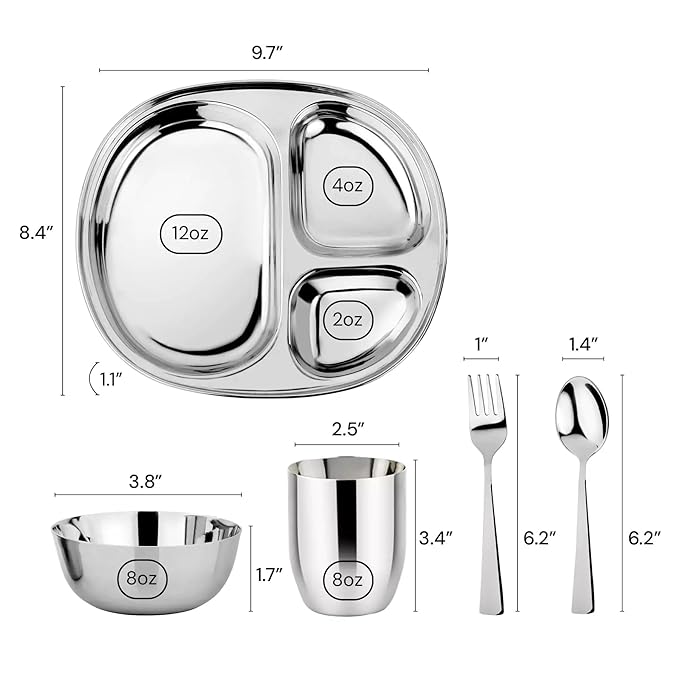 Ahimsa Stainless Steel Kids Dinnerware Set - 5 Piece Toddler Plates and Bowls Set, Pediatrician Designed, Includes Non Toxic Toddler Plate and Bowl, Kids Utensils and Cup (Classic Stainless Steel)-CubbioJoy