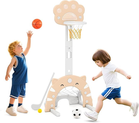 Costzon 3 in 1 Toddler Basketball Hoop, Height Adjustable Kids Sports Center w/Foldable Basketball, Soccer & Golf Game, Indoor Outdoor Activity Playset w/Foldable Rim, Gift for Children Baby Infant-CubbioJoy