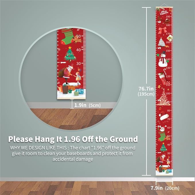 Christmas Decorations, Growth Chart for Wall, Height Chart for Kids, Xmas Nursery Decor, Hanging Ruler Wall Decor, Baby Room Decor, Christmas Gifts for Boys Girls - 76.7 x 7.9 inch with Beige Wood-CubbioJoy