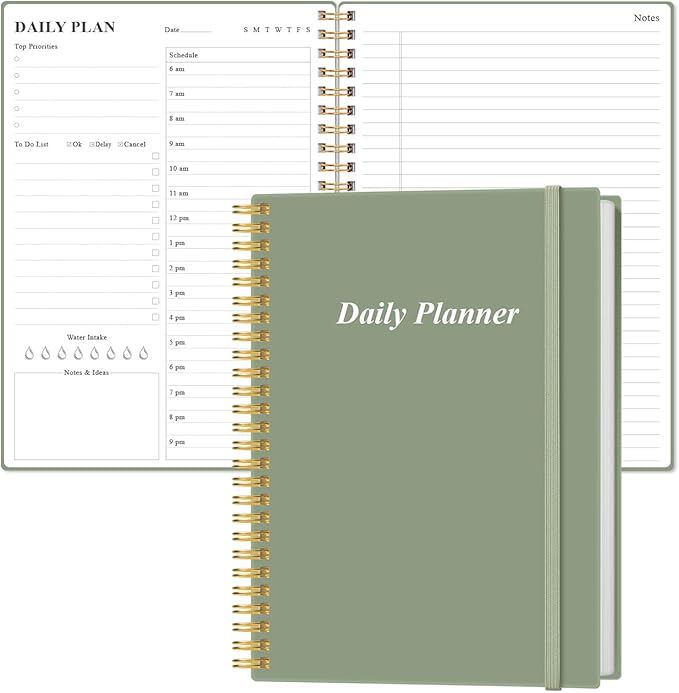 Daily Planner Undated - B5 To Do List Notebook Hourly Schedules, Spiral Appointment Planner for Women and Men, PVC Hardcover, Inner Pocket, Elastic Closure, 7" x 10", Green-CubbioJoy