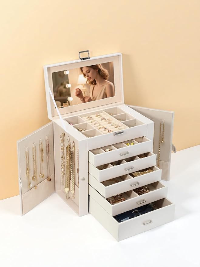 BOOVO Jewelry Box For women, 6 Layer Large Jewelry Organizer With Mirror, Multi-Function Storage Box With Lock, Accessory Holder With 5 Drawers, For Earrings Necklace Ring Bracelet (Pearl White)-CubbioJoy