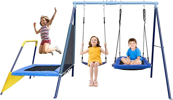 440lbs Kids Swing Set, 3-in-1 Outdoor Playground with Platform Swing, Belt Seat & 4ft Trampoline, Heavy Duty A-Frame Metal Stand & Safety Stakes, Backyard Playset for Toddlers 3-8 Years Old-CubbioJoy