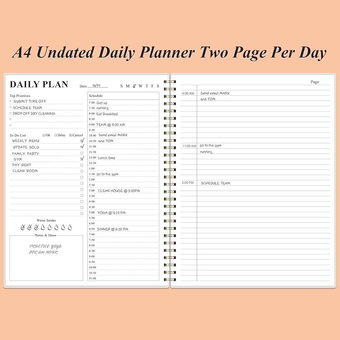 Daily Planner Undated - 8.5" x 11" To Do List Notebook Hourly Schedules, 150 Sheets/300 Pages Spiral Appointment Planner for Women and Men,PVC Hardcover, Inner Pocket, Elastic Closure, Rose Leaf-CubbioJoy