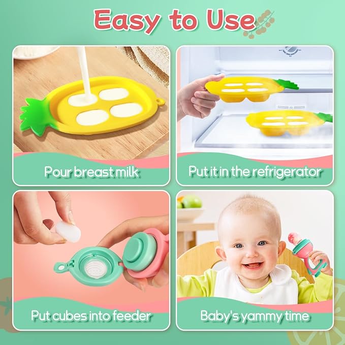 Baby Fruit Food Feeder - Silicone Nibble Tray Combo - Breastmilk Popsicle Mold for Cooling Relief, BPA Free Mesh Feeder for Infant Self Feeding (Robot Pink + Pineapple)-CubbioJoy