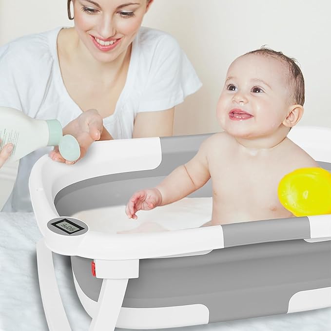 Collapsible Baby Bathtub,Baby Bath Tub with Soft Cushion & Thermometer,Baby Bathtub Newborn to Toddler 0-36 Months,Portable Travel Baby Tub-CubbioJoy
