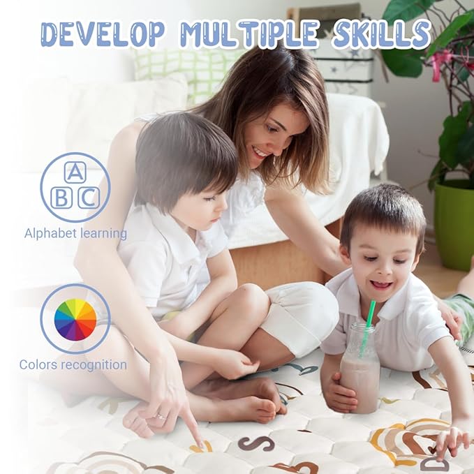 Boho Rainbow Baby Play Mat 50" X 50" Playpen Mat Thicken One-Piece Baby Crawling Mat Non-Slip Cushioned Baby Floor Mat with Lettters, Activity Playmats for Infants, Babies, Toddlers (50X50,Beige)-CubbioJoy