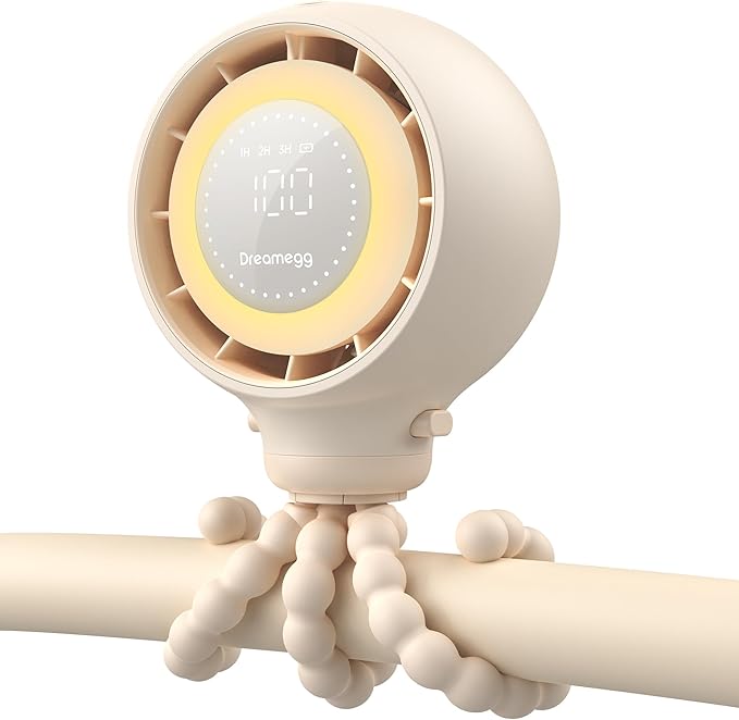 Dreamegg Portable Stroller Fan - 4000mAh Rechargeable Baby Stroller Fan With LED Display, Night Light, Hidden Blade, Detachable 4 Speed 360°Rotate, Handheld Cooling for Crib,Travel, Car Seat, Bedroom-CubbioJoy