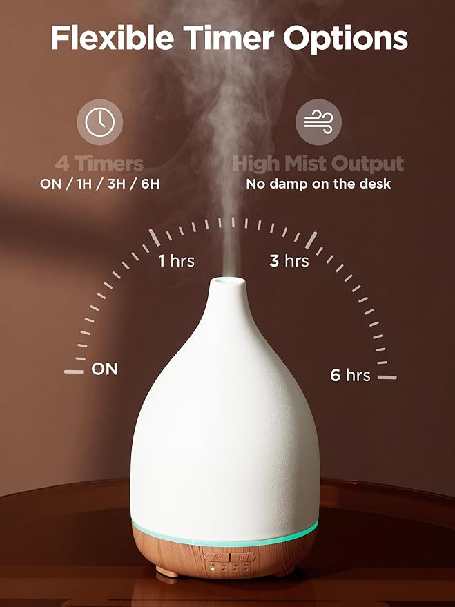 InnoGear Oil Diffuser, 300ML Ceramic Diffuser for Essential Oils Handcrafted Aromatherapy Diffuser Ultrasonic Cool Mist Humidifier with 4 Timers Waterless Auto Off for Room Office, White-CubbioJoy