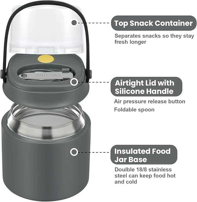 2-in-1 Insulated Food Jar & Snack Container - 15oz Kids Soup Thermos for Hot Food with Handle and Spoon, Leak Proof Reusable Toddler Snack Box, Perfect for School & Travel, Grey-CubbioJoy