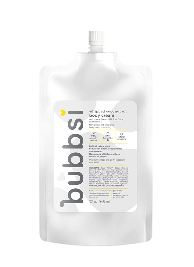 Bubbsi Whipped Coconut Oil Baby Lotion for Eczema, Dry Skin, Baby Acne, KP | Organic Coconut Oil, Shea Butter, Vitamin E | Light, Natural Scent | EU Compliant, Vegan (Refill Pouch, 32oz)-CubbioJoy