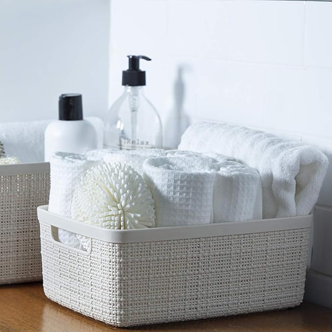 Curver Set of 8 Jute Small Decorative Plastic Organization and Storage Baskets, Perfect Bins for Home Office, Closet Shelves, Kitchen Pantry and All Bedroom Essentials-CubbioJoy