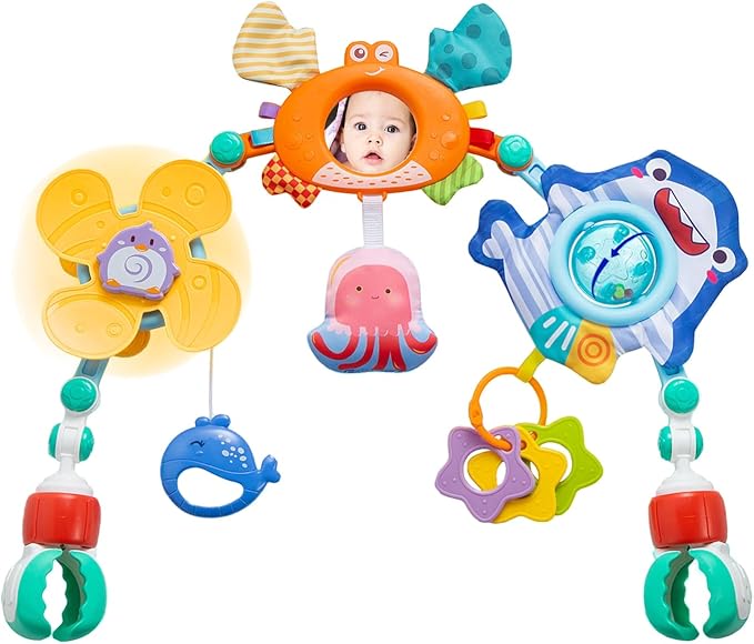 Adjustable Baby Stroller Arch Toy, Car Seat Toys for Infants 6-12 Months Hanging Toy Bar Attachment with Teether & Sound, Crib Comfort Gift for Birthday, Baby Shower-CubbioJoy