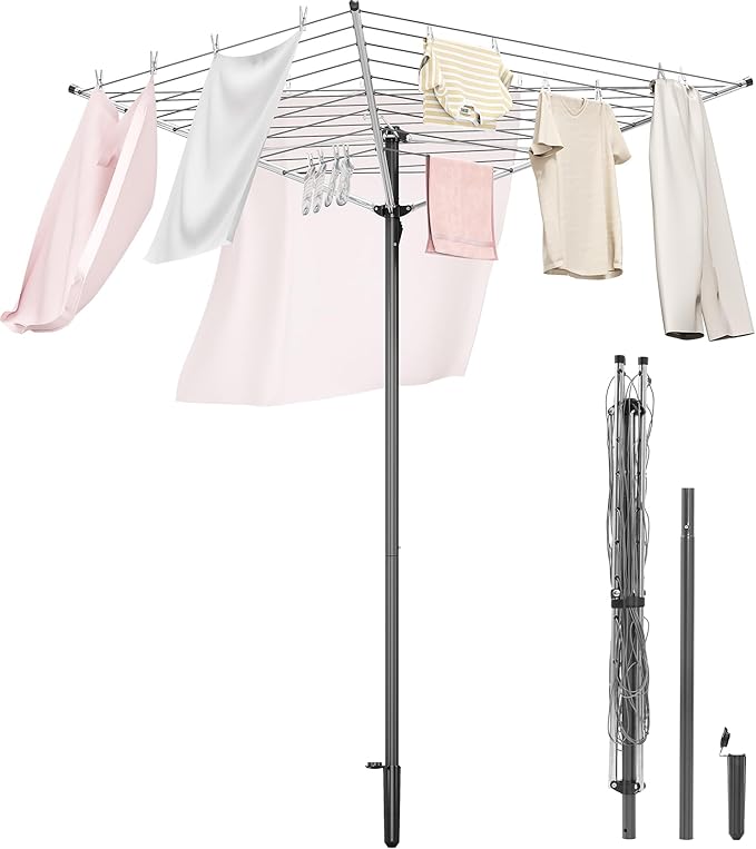APEXCHASER Clothes Drying Rack, Outdoor Umbrella Drying Rack, Rotary Metal Drying Rack Clothing Foldable, 3-Arms Umbrella Clothesline with 98ft, Steel Frame, Backyard-CubbioJoy