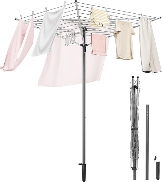 APEXCHASER Clothes Drying Rack, Outdoor Umbrella Drying Rack, Rotary Metal Drying Rack Clothing Foldable, 3-Arms Umbrella Clothesline with 98ft, Steel Frame, Backyard-CubbioJoy