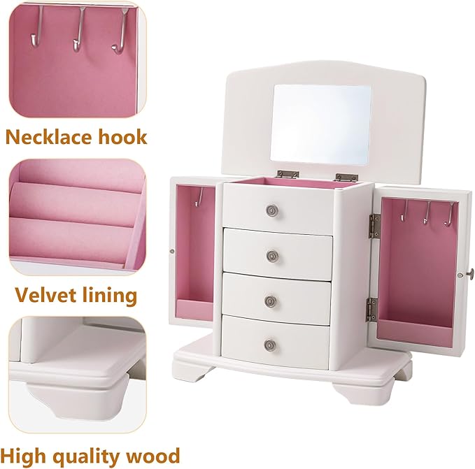 Jewelry Box,White Wooden Jewelry Box With Top Mirror, Jewelry Organizer Wooden Is Suitable For Storing Rings,Bracelets,Necklaces Etc-CubbioJoy