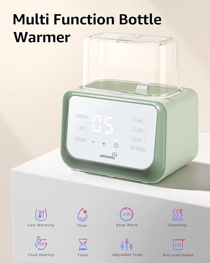 Baby Bottle Warmer, Grownsy 8-in-1 Fast Milk Warmer with Timer Breastmilk or Formula, Fits 2 Bottles, Accurate Temperature Control, with Defrost, Sterili-zing, Keep, Heat Baby Food Jars Function-CubbioJoy