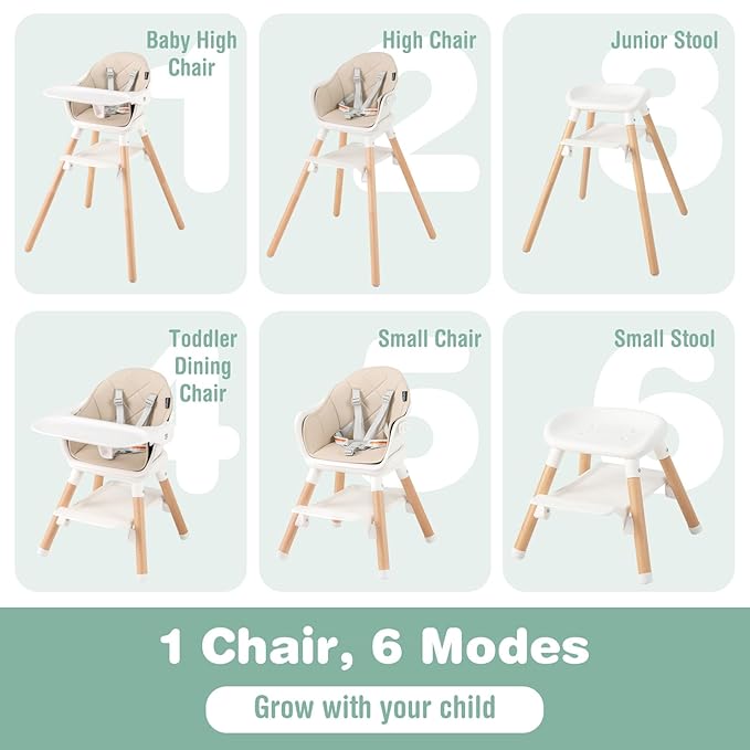 BABY JOY High Chair, 6 in 1 Convertible Wooden Highchair for Babies & Toddlers with Adjustable Legs, Double Removable Tray, Safety Harness & Waterproof PU Cushion (Beige)-CubbioJoy