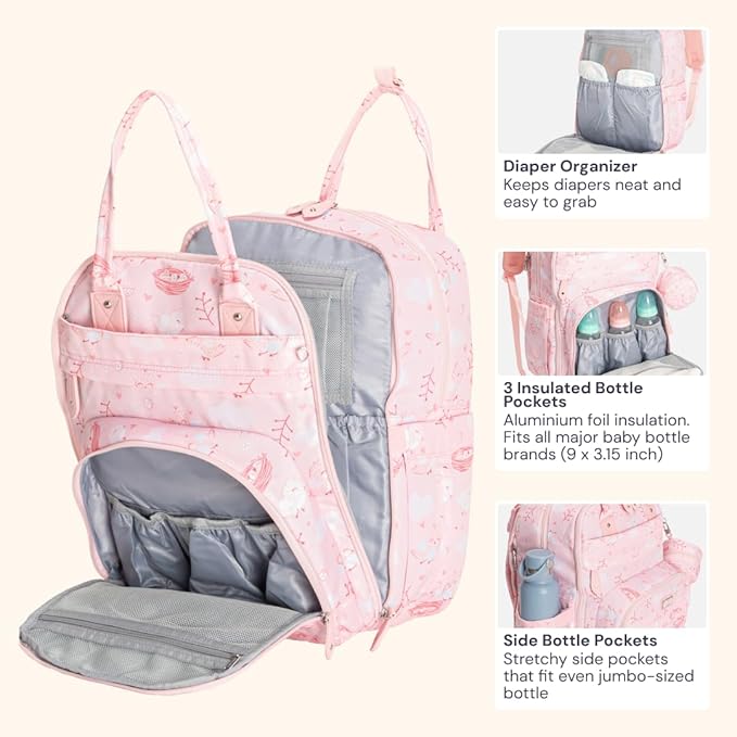 BabbleRoo Diaper Bag Backpack - Baby Essentials, Travel Essentials Baby Bag with Changing Pad, Stroller Straps & Pacifier Case - Unisex, Pink Birdy-CubbioJoy