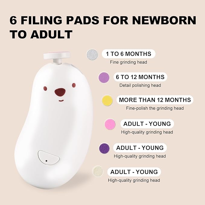 Baby Nail File Electric, Gentle Rechargeable Nail Trimmer, Baby Nail Clippers Grooming Kit Manicure Set for Infant Toddler or Adults, 6 Grinding Head Replacement Pads White-CubbioJoy