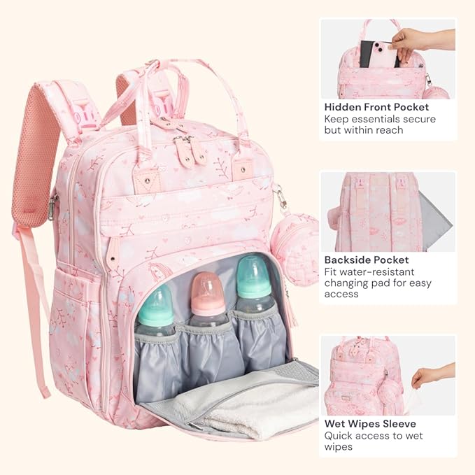 BabbleRoo Diaper Bag Backpack - Baby Essentials, Travel Essentials Baby Bag with Changing Pad, Stroller Straps & Pacifier Case - Unisex, Pink Birdy-CubbioJoy