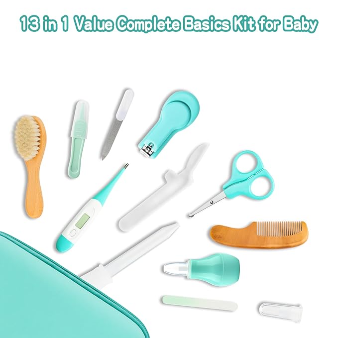 Baby Grooming Kit, Infant Safety Care Set with Hair Brush Comb Nail Clipper Nasal Aspirator,Baby Essentials Kit for Newborn Girls Boys (13 Pc Green Kit)-CubbioJoy